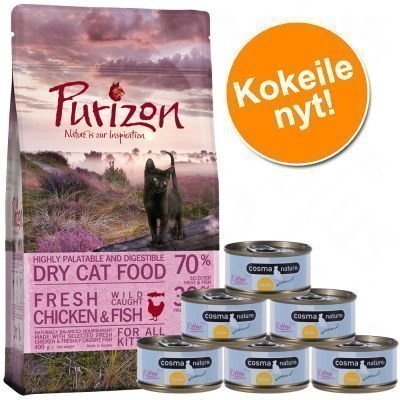 Kitten-kokeilupakkaus: Purizon 400g & Cosma Nature 6 x 70g - paketti 1: kana